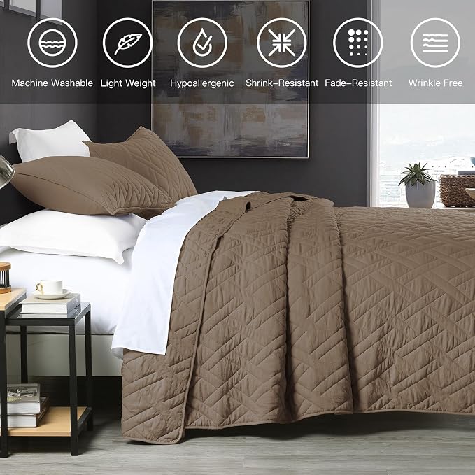 HORIMOTE HOME Quilt Set King Size Pine Bark, Classic Geometric Diamond Stitched - Image 2