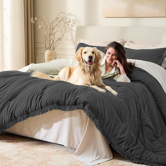 Andency Full Size Comforter Set Dark Grey, 3 Pieces Boho Lightweight Bedding - Image 3