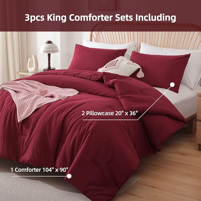 ROSGONIA King Size Comforter Set Dark Red - Image 3
