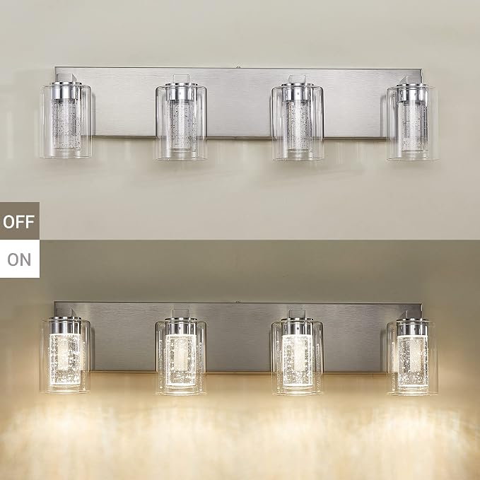 Brushed Nickel 4-Light Vanity Light, Crystal Bubble Glass - Image 4