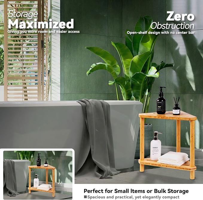 Bamboo 2-Tier Corner Shower Organizer, Waterproof Standing Shower Caddy Storage - Image 2