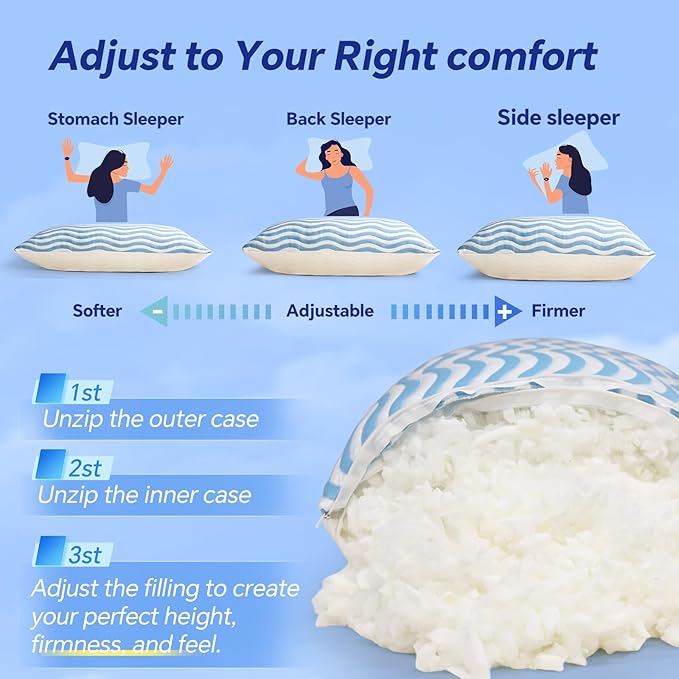 SLEEPDIARY Pillows Queen Size Set of 2 – Adjustable Shredded Memory Foam - Image 5