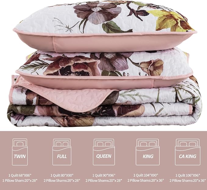 Drucon Floral Quilt Set Twin 2 Pieces Boho Blush Floral Quilt Coverlet Set Soft - Image 7