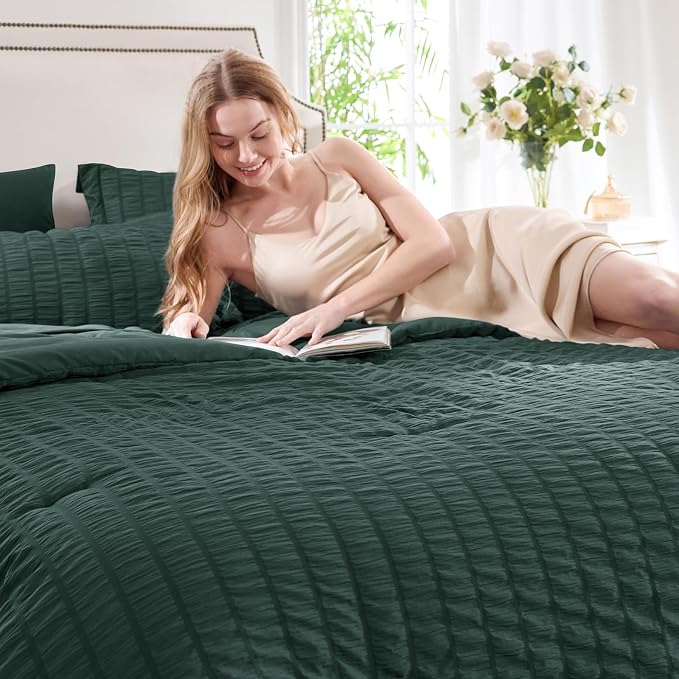 CozyLux Queen Comforter Set Forest Green Seersucker 7 Pieces Bed in a Bag Queen - Image 3