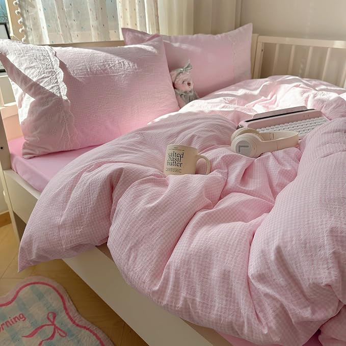 mixinni Pink Gingham Duvet Cover Queen Size by mixinni