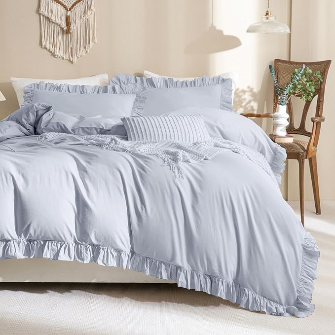 QSH Washed Cotton Ruffle Duvet Cover King Size, 3 Pieces Cornflower Blue by QSH