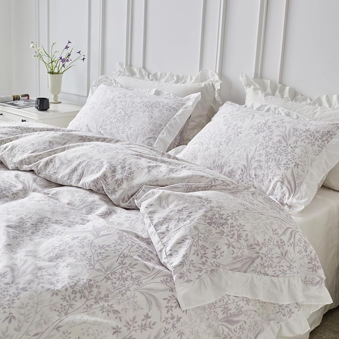 SUSYBAO Purple White Floral Duvet Cover Queen 100% Cotton 3 Pcs Set 1 White - Image 2