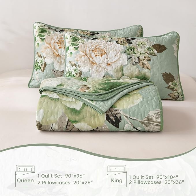 WONGS BEDDING Sage Green Floral Quilt Set King, 3 Pieces Elegant Flower - Image 7