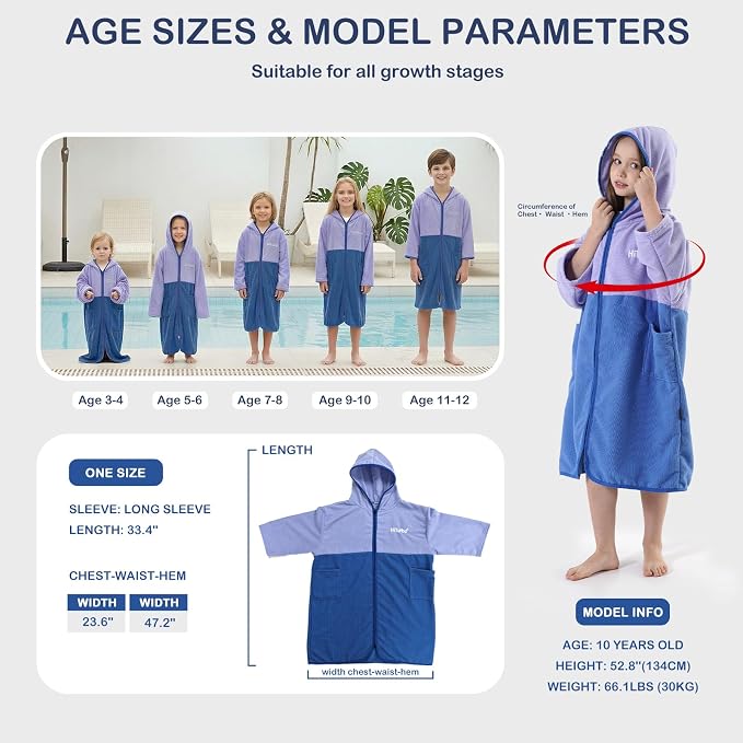 Hiturbo Kids Bath Towel Hoodie: Zipper Surf Poncho Long Sleeve Quick Dry - Image 2