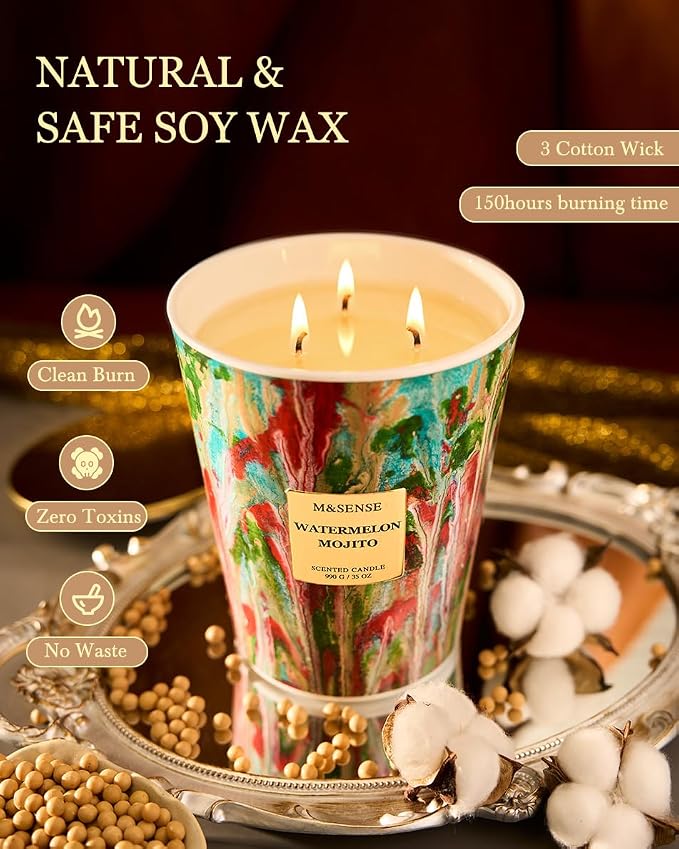 M&SENSE Large Watermelon Scented Soy Candle, 35oz 150 Hours 3-Wick Clean Burning - Image 4