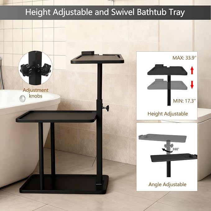 3 Layer Bathtub Tray Table, Bamboo Swivel Bathtub Side Table Height Adjustable - Image 3