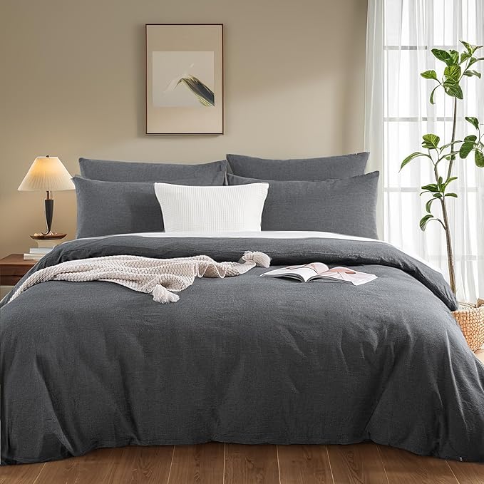 NEXHOME PRO Duvet Cover Twin 100% Washed Cotton, Heathered Black Breathable - Image 2