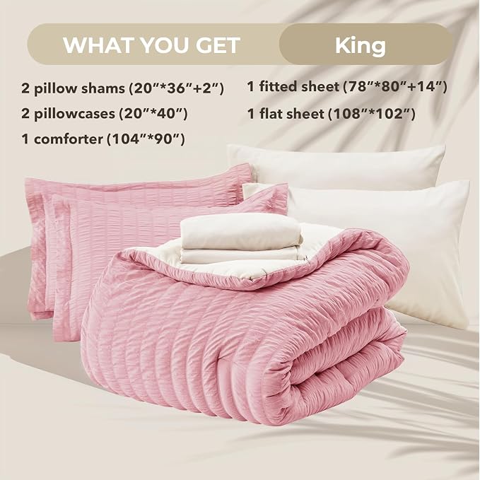HYMOKEGE Pink/Ivory King Size Comforter Set Seersucker 7 Pieces, All Season - Image 6