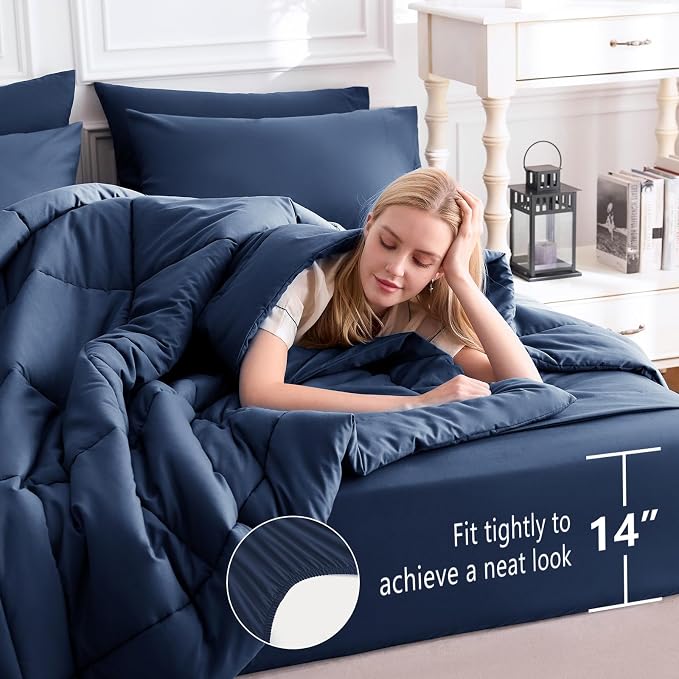 CozyLux California King Comforter Sets Navy Blue, 7 Pieces Cal King Bed in a Bag - Image 5