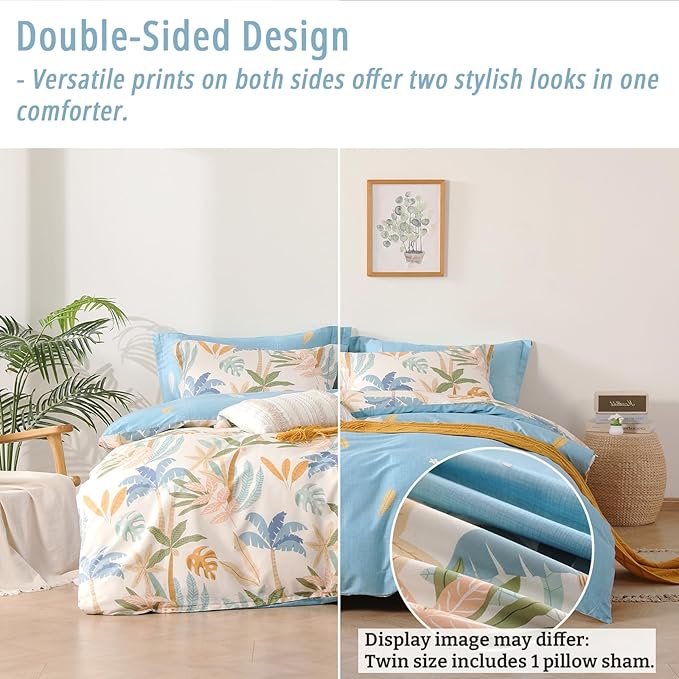 LEMIROE Tropical Coastal Blue Cotton Comforter Twin Size 2Pcs - Image 3