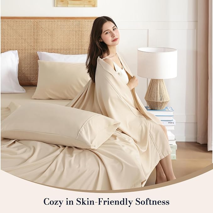 Queen Sheet Set 4 Pieces, Wrinkle Free, Oeko-Tex Certified Bedsheets，Cream - Image 2
