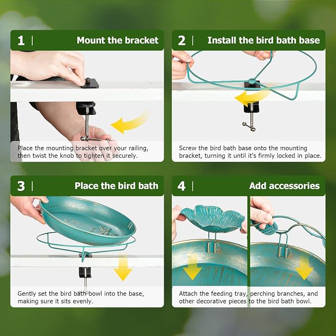 Mellbree Bird Bath Deck Mounted 12", Balcony Fence Railing Clamp Birdbath - Image 3