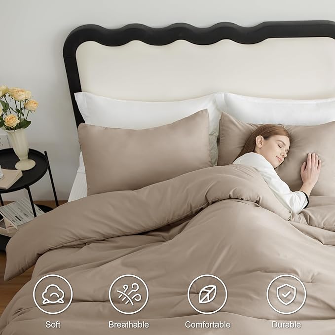 CozyLux Queen Comforter Set Khaki, 3 Pieces Solid Comforters Queen Size - Image 5