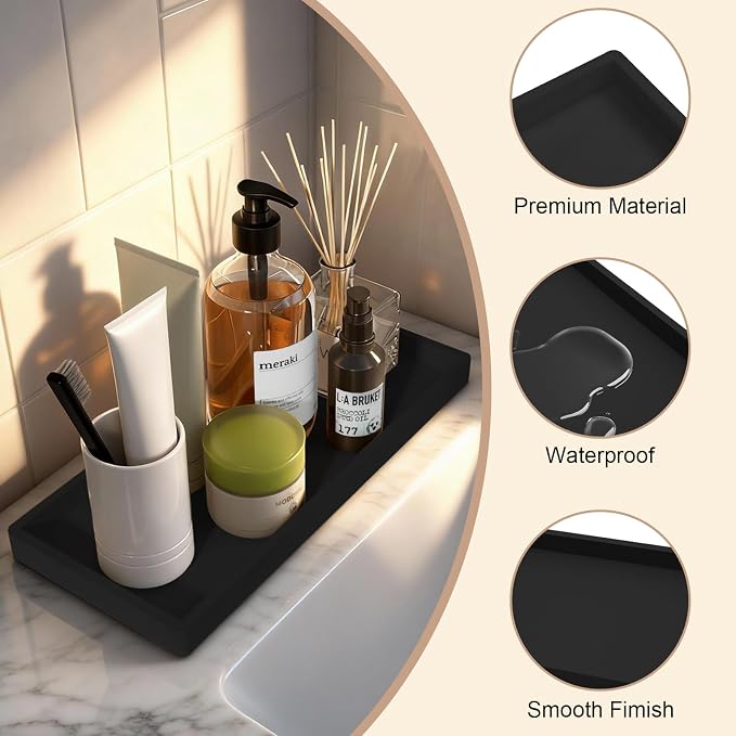 Bathroom Vanity Tray Black, Silicone 11.8 x 5 Inch Toilet Tank Tray Decor - Image 2