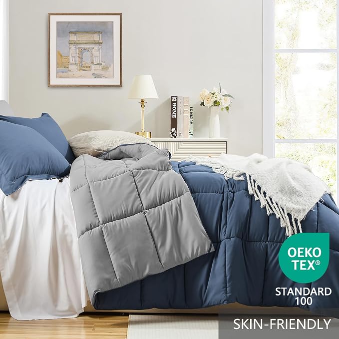 Homelike Moment Oversized Queen Comforter Set Blue, Lightweight Reversible Down - Image 3