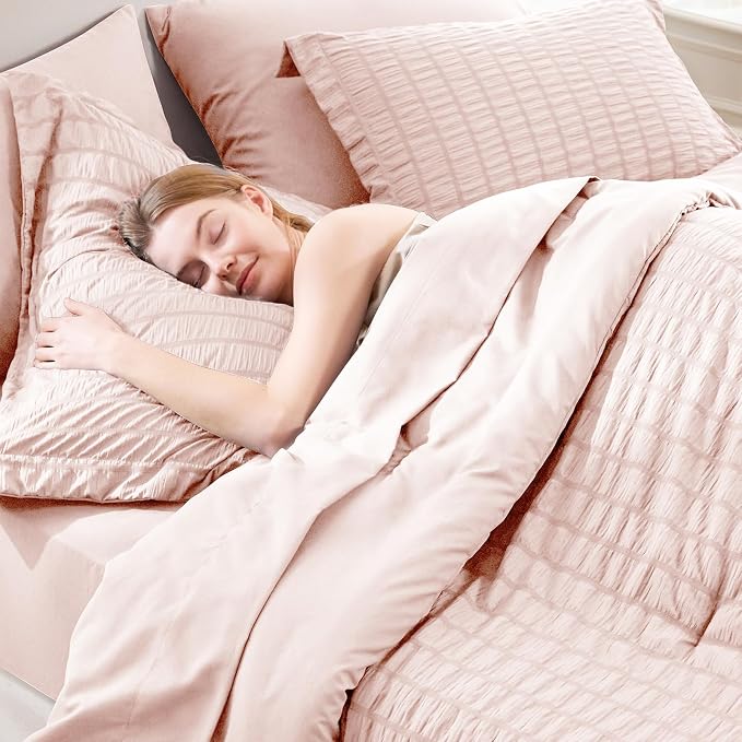 CozyLux Oversized King Comforter Set Blush Pink Seersucker 7 Pieces 120x98 Bed - Image 3