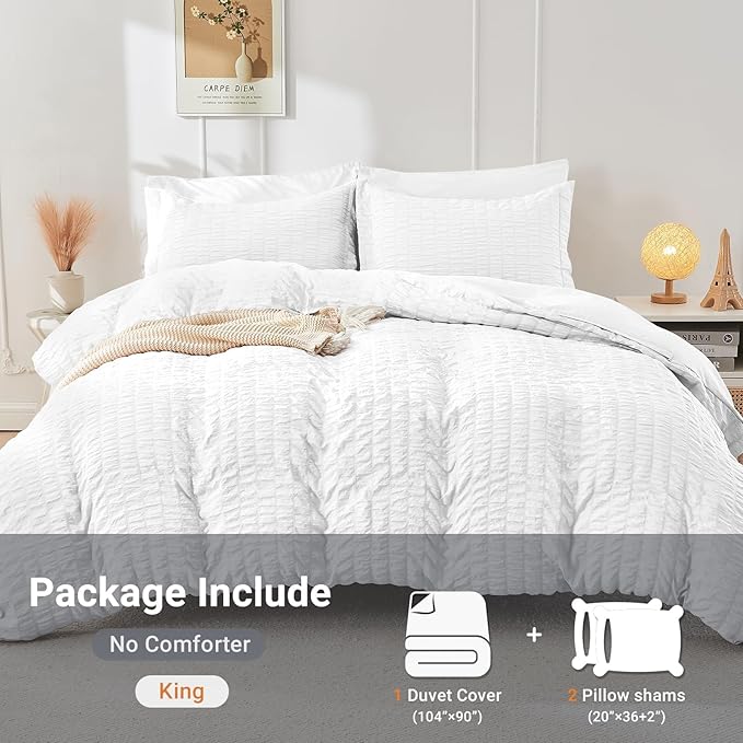 HYMOKEGE White Duvet Cover King Size, Ultra Soft 3-Piece Seersucker Duvet Cover - Image 5