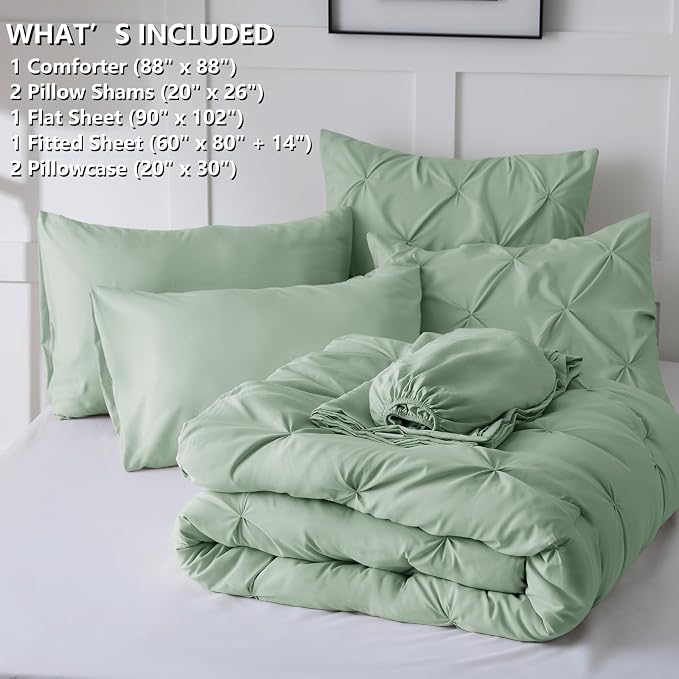 HIMEET Pintuck Bed in a Bag, 7 Pieces Queen Size Comforter Set Sage Green - Image 8