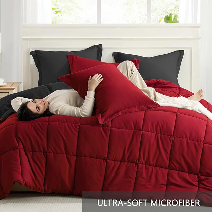 Homelike Moment Queen Comforter Set Black, Lightweight Reversible Red - Image 5