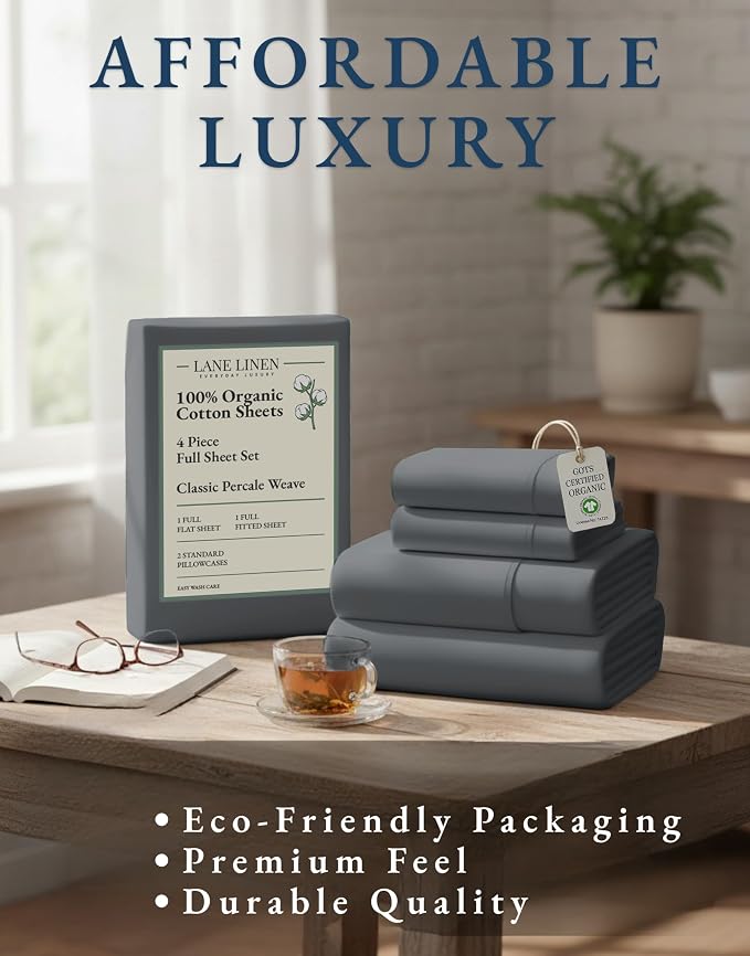 LANE LINEN 100% Organic Cotton Full Size Sheets, Hotel Like Crisp Percale Low - Image 8