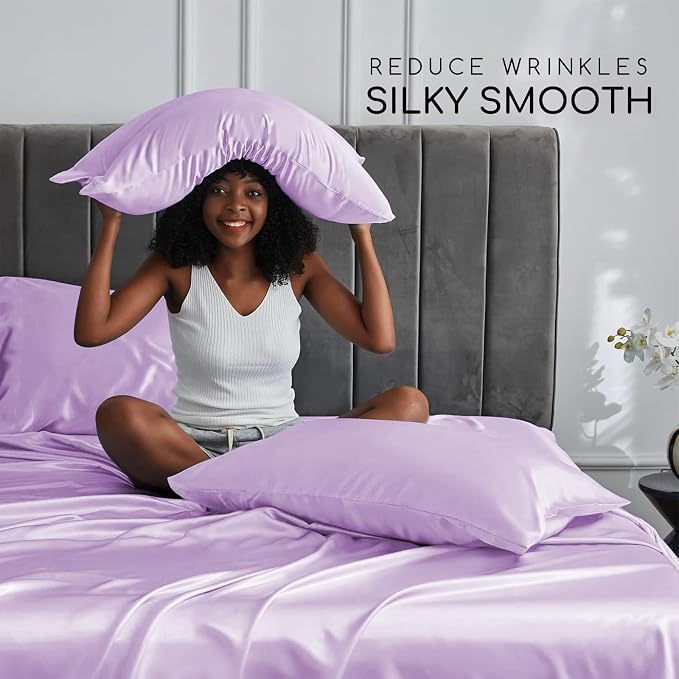 MR&HM Satin Bed Sheets with Elastic Corner Straps, King Size Sheets Set - Image 3