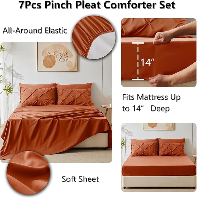 HIMEET Pintuck Bed in a Bag, 7 Pieces Full Size Comforter Set Burnt Orange - Image 6