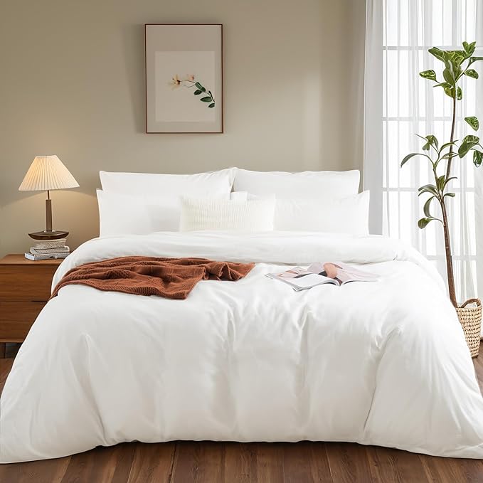 NEXHOME PRO Duvet Cover Set Super King 108"x98" Linen Look Textured Cream White - Image 2