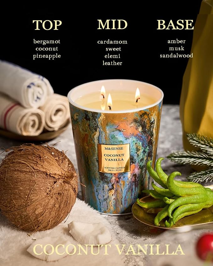 M&SENSE Large 3-Wick Coconut Vanilla Scented Soy Candle, 35oz 150 Hours - Image 3