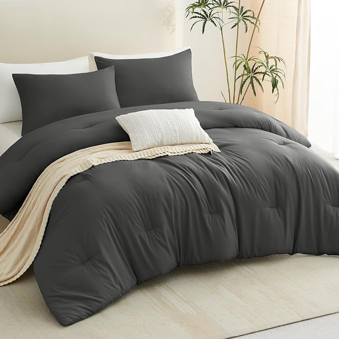 CozyLux Full Size Comforter Set Dark Grey, 3 Pieces Solid Breathable Quilted - Image 8