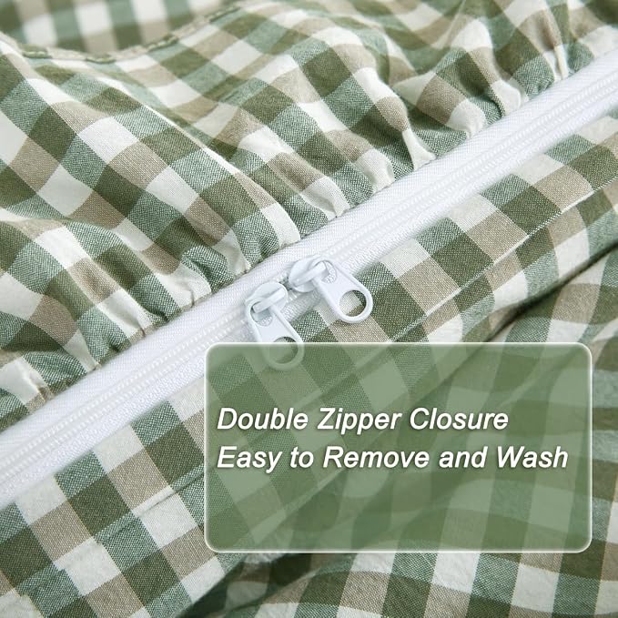 Silnuo Sage Green/White Plaid Ruffle Duvet Cover Queen Size, 100% Washed Cotton - Image 5
