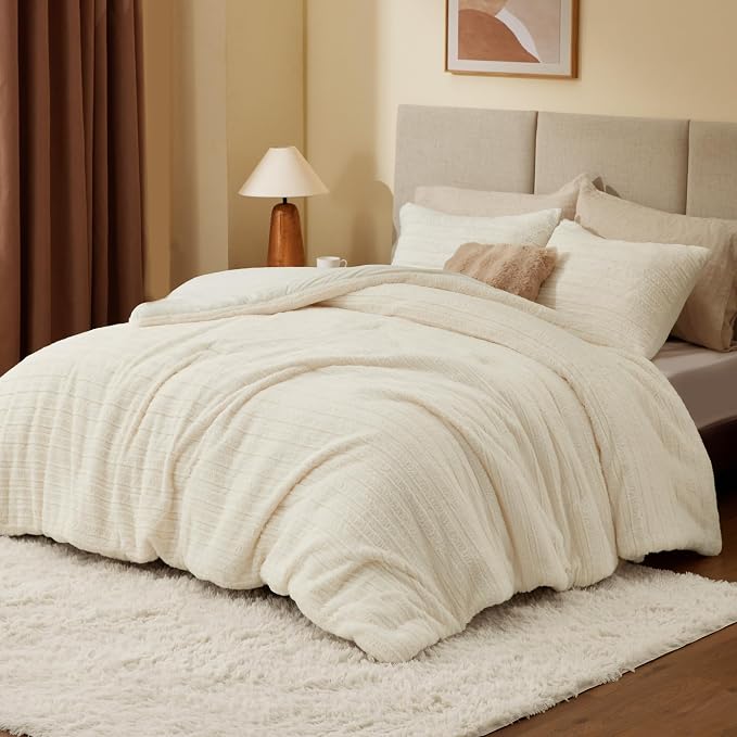 BEDELITE Fleece King Comforter Set -Super Soft & Warm Fluffy Cream White Faux - Image 2