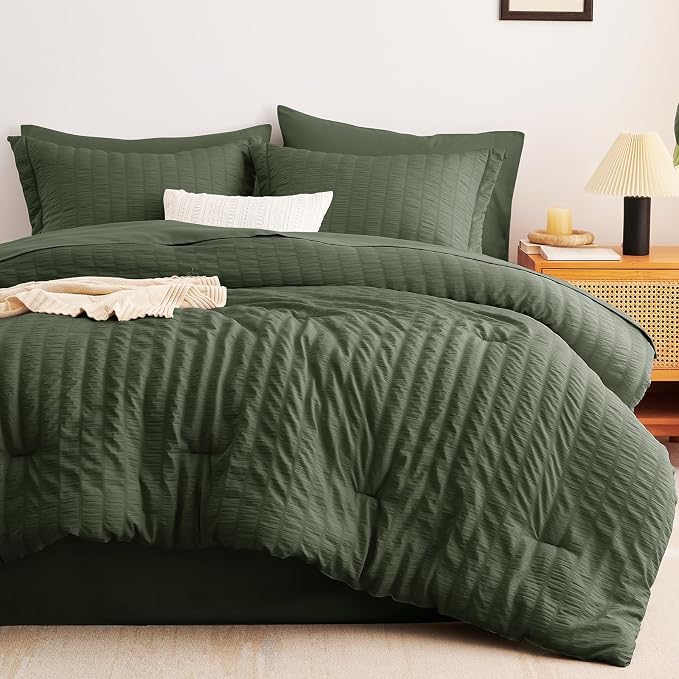 CozyLux Queen Comforter Set Dark Green Seersucker 7 Pieces Bed in a Bag Queen - Image 9