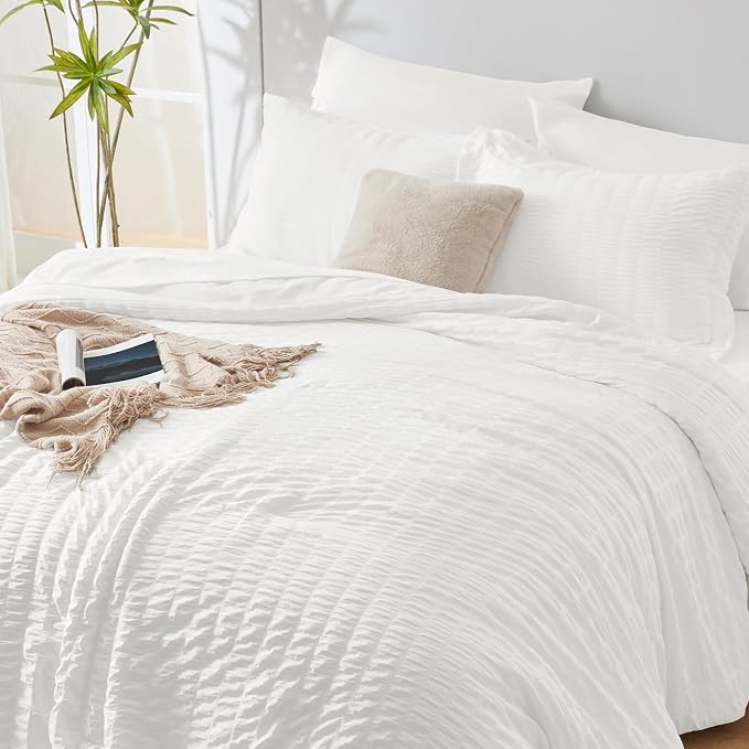 CozyLux Oversized King Comforter Set White Seersucker 7 Pieces 120x98 Bed in a - Image 8