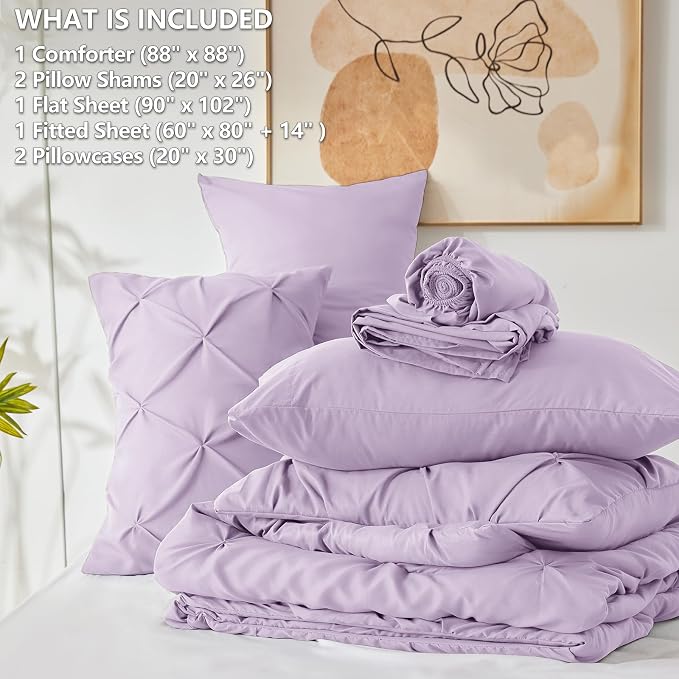 HIMEET Pintuck Bed in a Bag, 7 Pieces Queen Size Comforter Set Lavender - Image 6