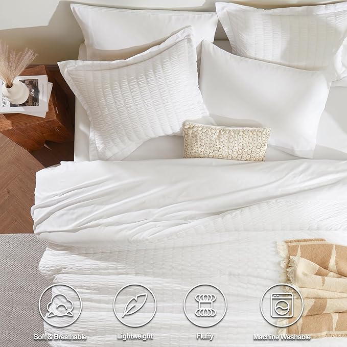 CozyLux Oversized Queen Comforter Set White Seersucker 7 Pieces 98x98 Bed in a - Image 2