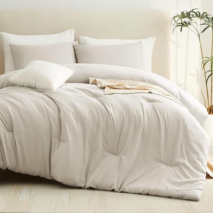 CozyLux Beige Queen Comforter Set, 3 Pieces Boho Solid Breathable Quilted Style - Image 9
