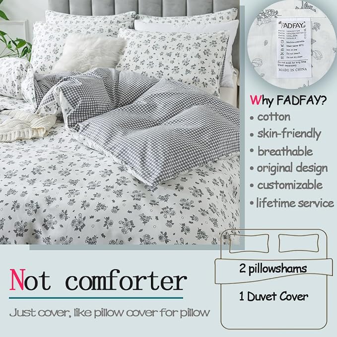 FADFAY Floral Duvet Cover Set King/Cal King Size 100% Cotton Grey White Flower - Image 2