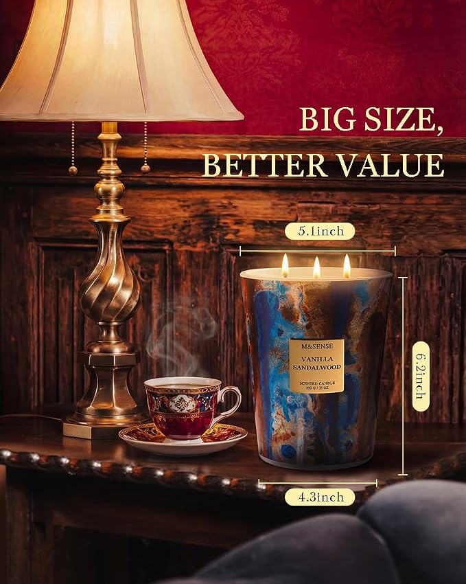 M&SENSE Large Soy Vanilla Sandalwood Scented Candle, 35oz 150 Hours 3-Wick - Image 2