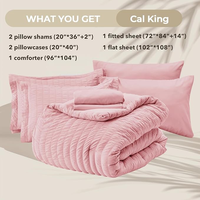 HYMOKEGE Pink California King Comforter Set Seersucker 7 Pieces, All Season - Image 6