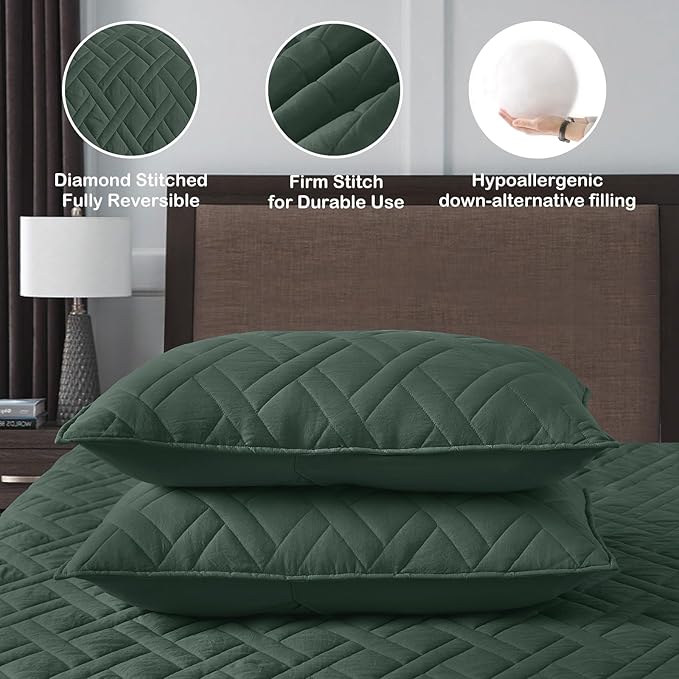 HORIMOTE HOME Quilt Set King Size Dark Green, Classic Geometric Diamond - Image 5