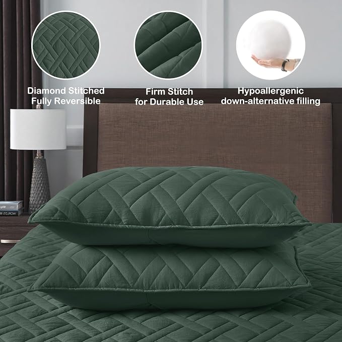 HORIMOTE HOME Quilt Set Twin Size Dark Green, Classic Geometric Diamond - Image 5
