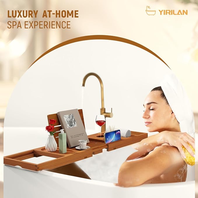 Yirilan Teak Bathtub Tray for Tub, Bath Table Tray for Tub Wood, Bathtub Caddy - Image 5