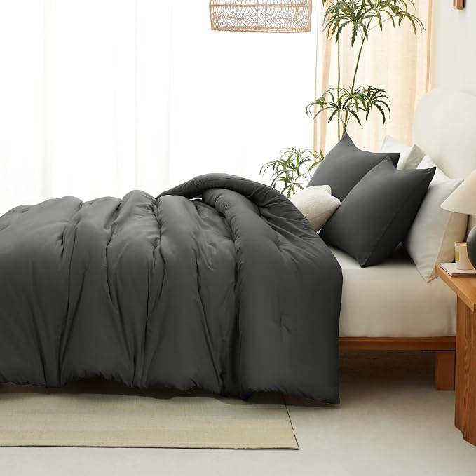 CozyLux Full Size Comforter Set Dark Grey, 3 Pieces Solid Breathable Quilted - Image 9
