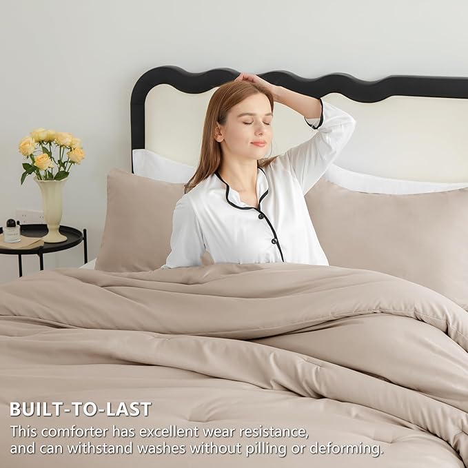 CozyLux Queen Comforter Set Wheat, 3 Pieces Solid Comforters Queen Size - Image 3