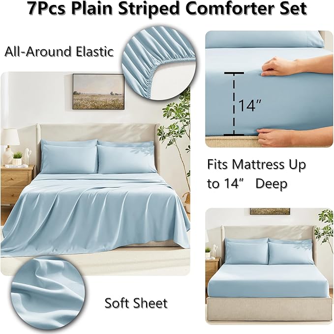 CozyLux Queen Comforter Set Light Blue, 7 Pieces Bed in a Bag, All Season - Image 5